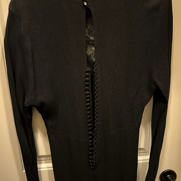 vintage 1930s black crepe mourning dress lace cutout, front gathers, Buttons - Picture 11 of 14